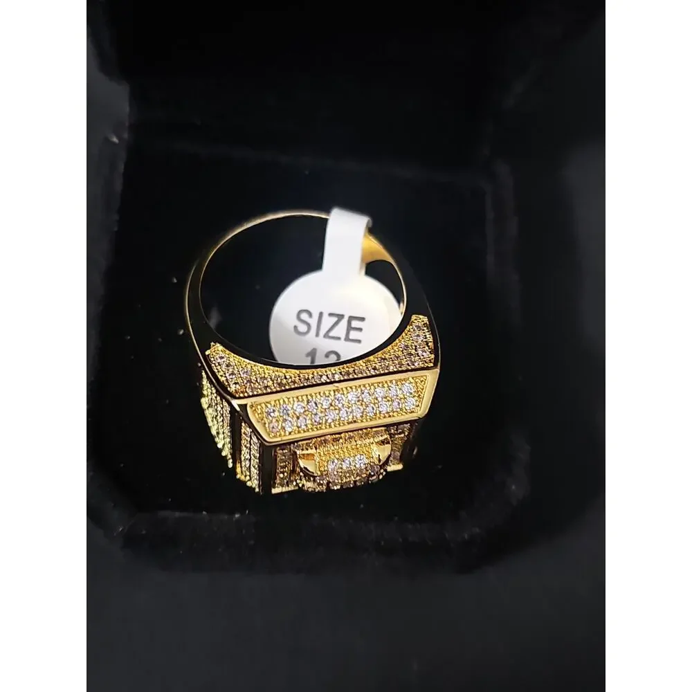 SIZE 12- 23.3m Gold Metal layered Signet Ring Square Pavé w/prong yellow CZs